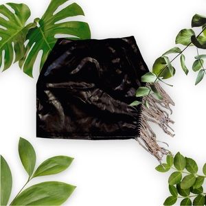 Black leather mini skirt with rhinestone fringe